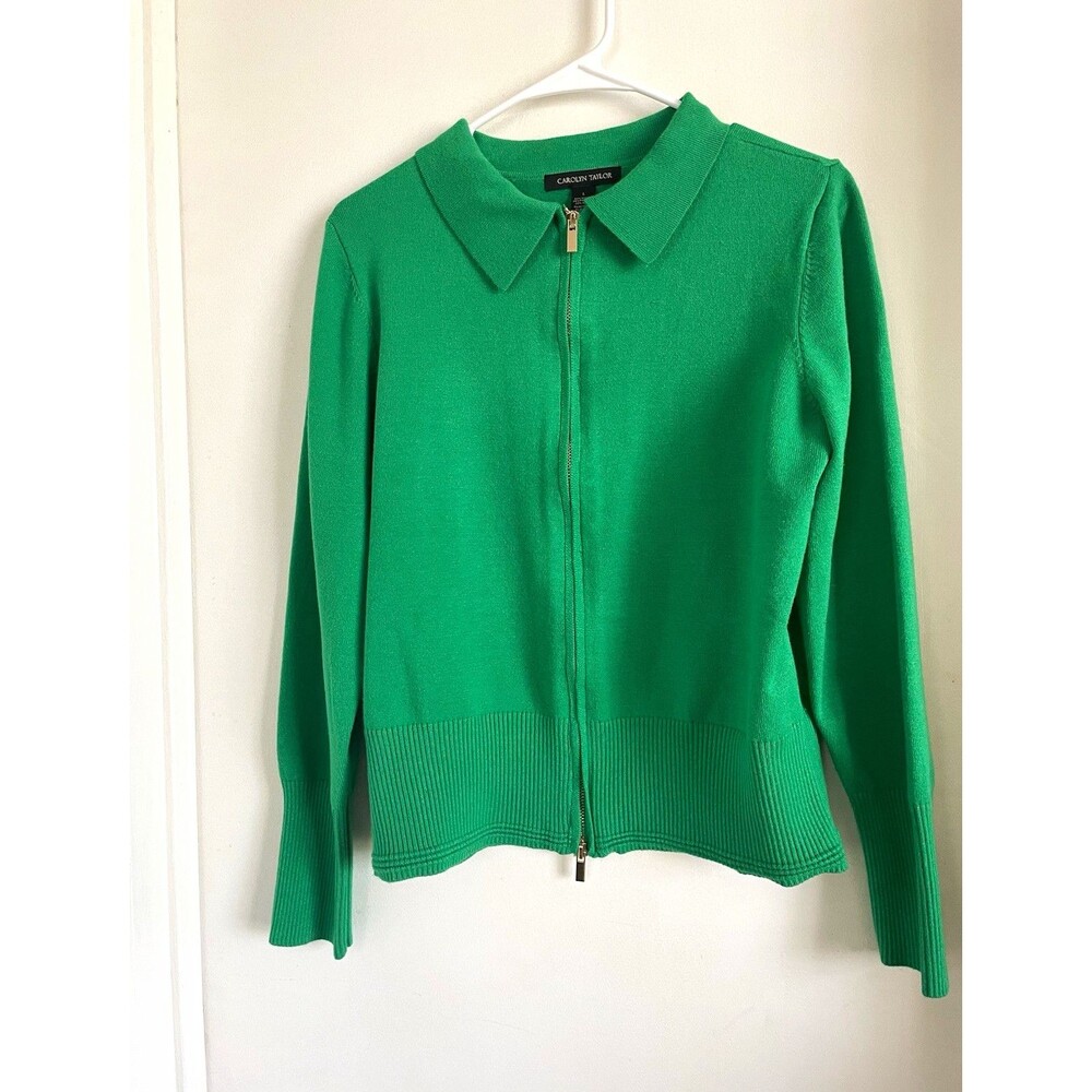 Carolyn Taylor Women's L Green Solid Knit Collared Full Zip Cardigan Sweater